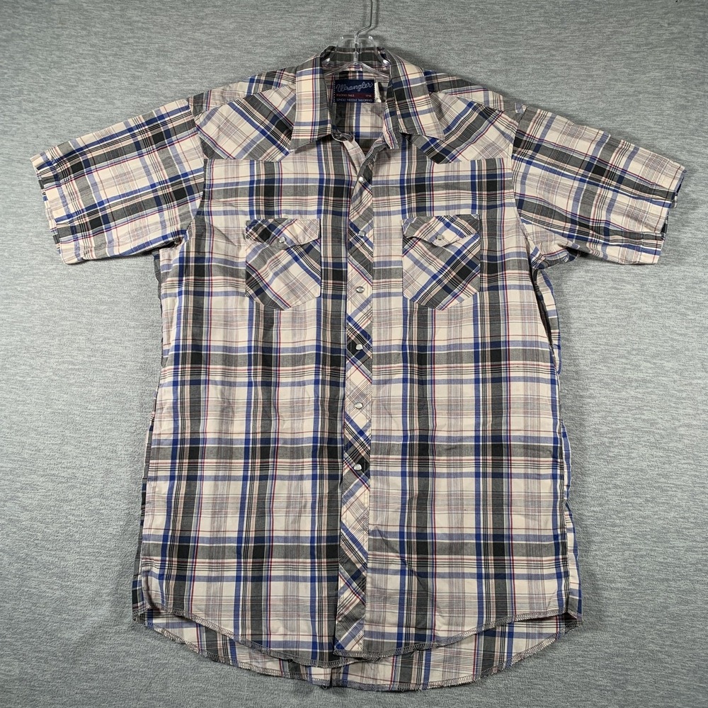 Wrangler Shirt Mens XL Blue Plaid Western Short Sleeve Snap Front Casual
